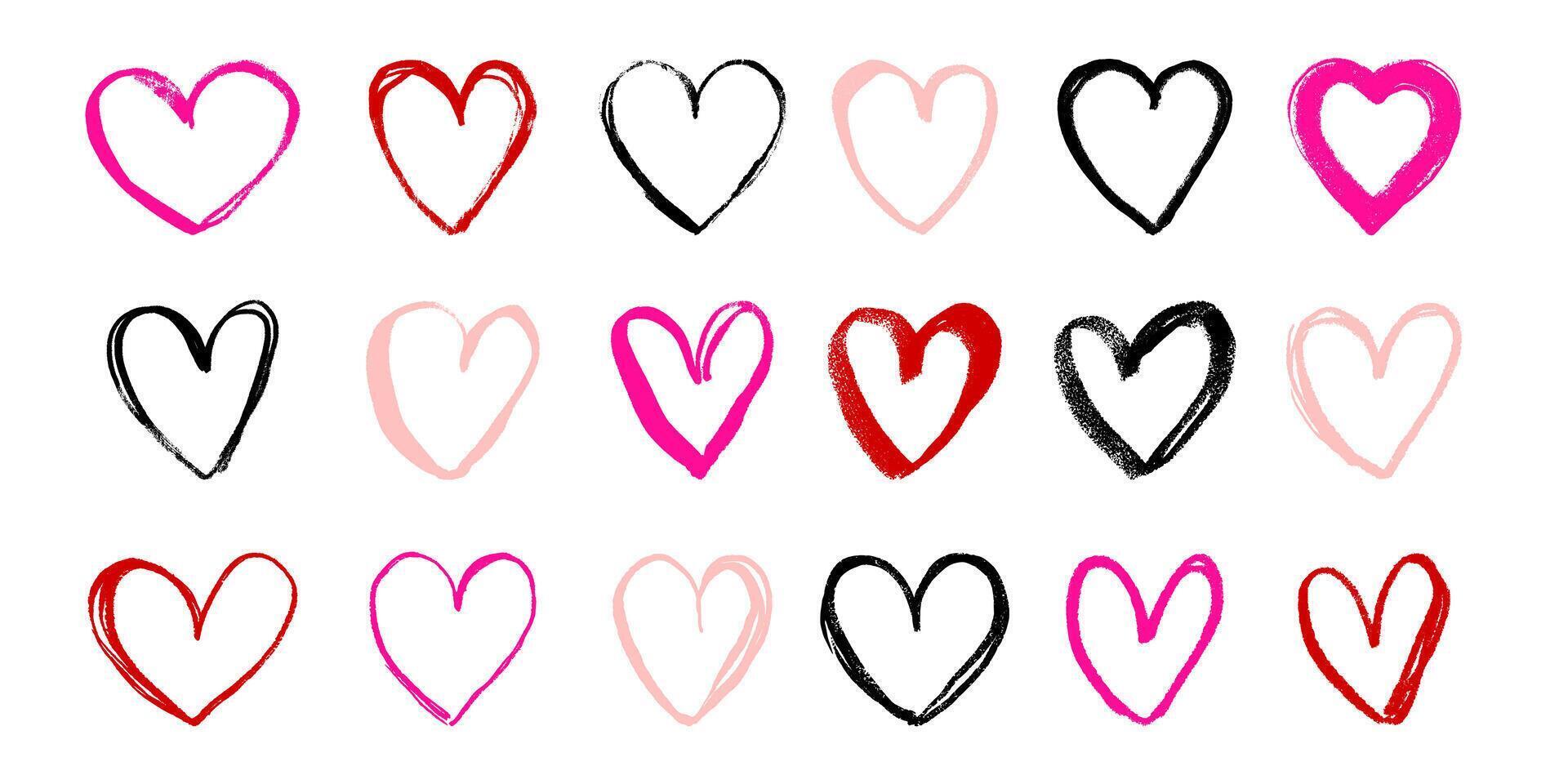 Set of Grunge Icon Hearts. Cute doodle love sign isolated on white background. Scribble heart shapes drawn with markers and chalk vector