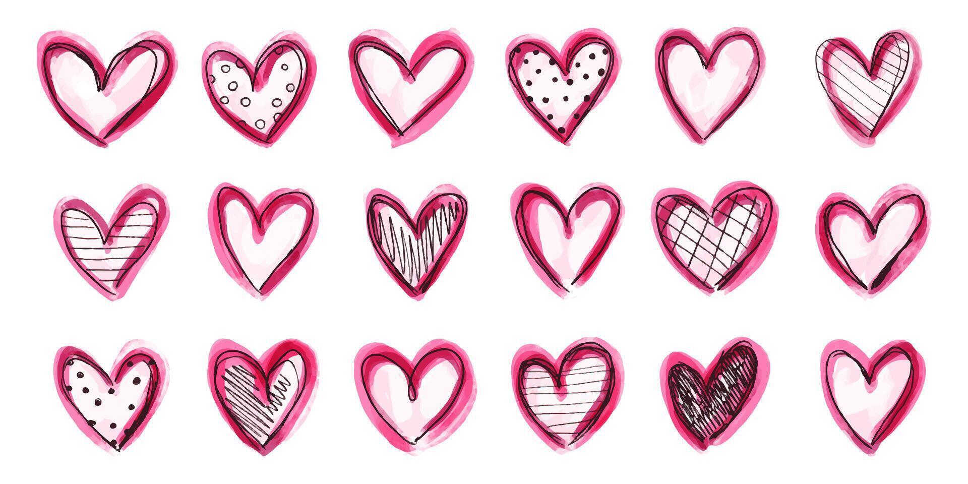Collection of Grunge Icon Heart with Watercolor Effect. Cute doodle love sign isolated on white background. Scribble heart shapes drawn with markers and chalk vector