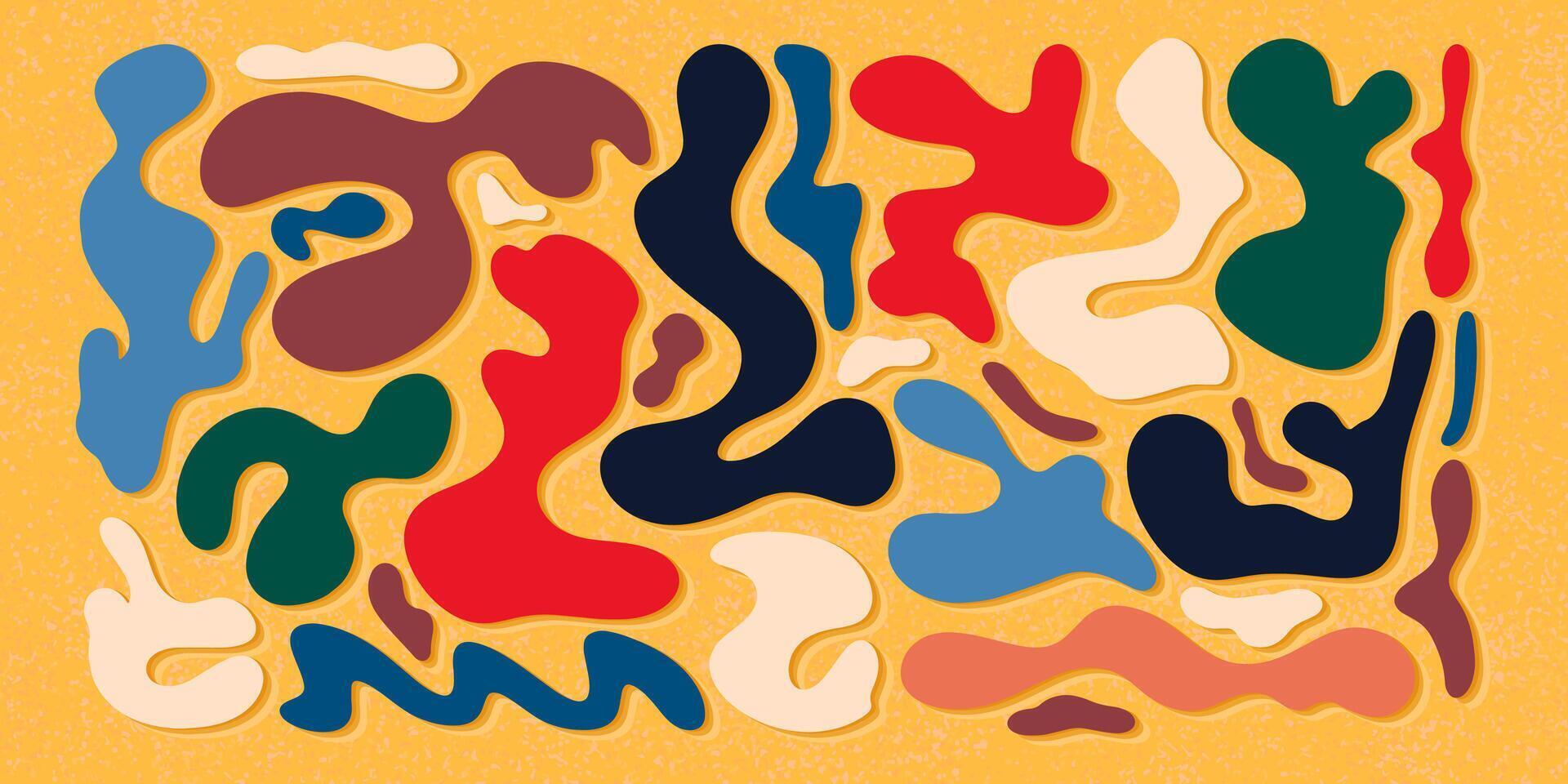 Retro Colorful Abstract Liquid Organic Shapes in Cartoon Y2K Style. Fluid irregular forms isolated on yellow background with subtle grunge texture. vector