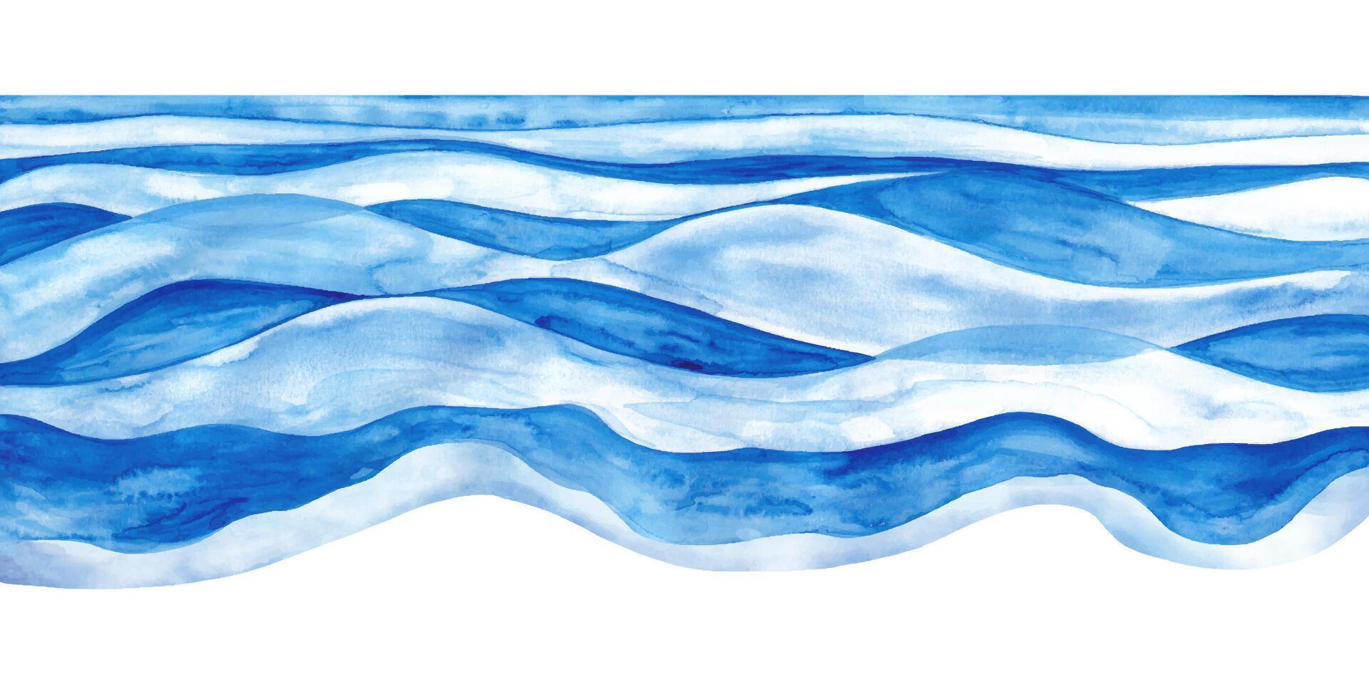 Hand Painted River in Watercolor Style. Abstract horizontal banner with waves. Blue water isolated on white background. Sea frame. Ocean minimal view vector