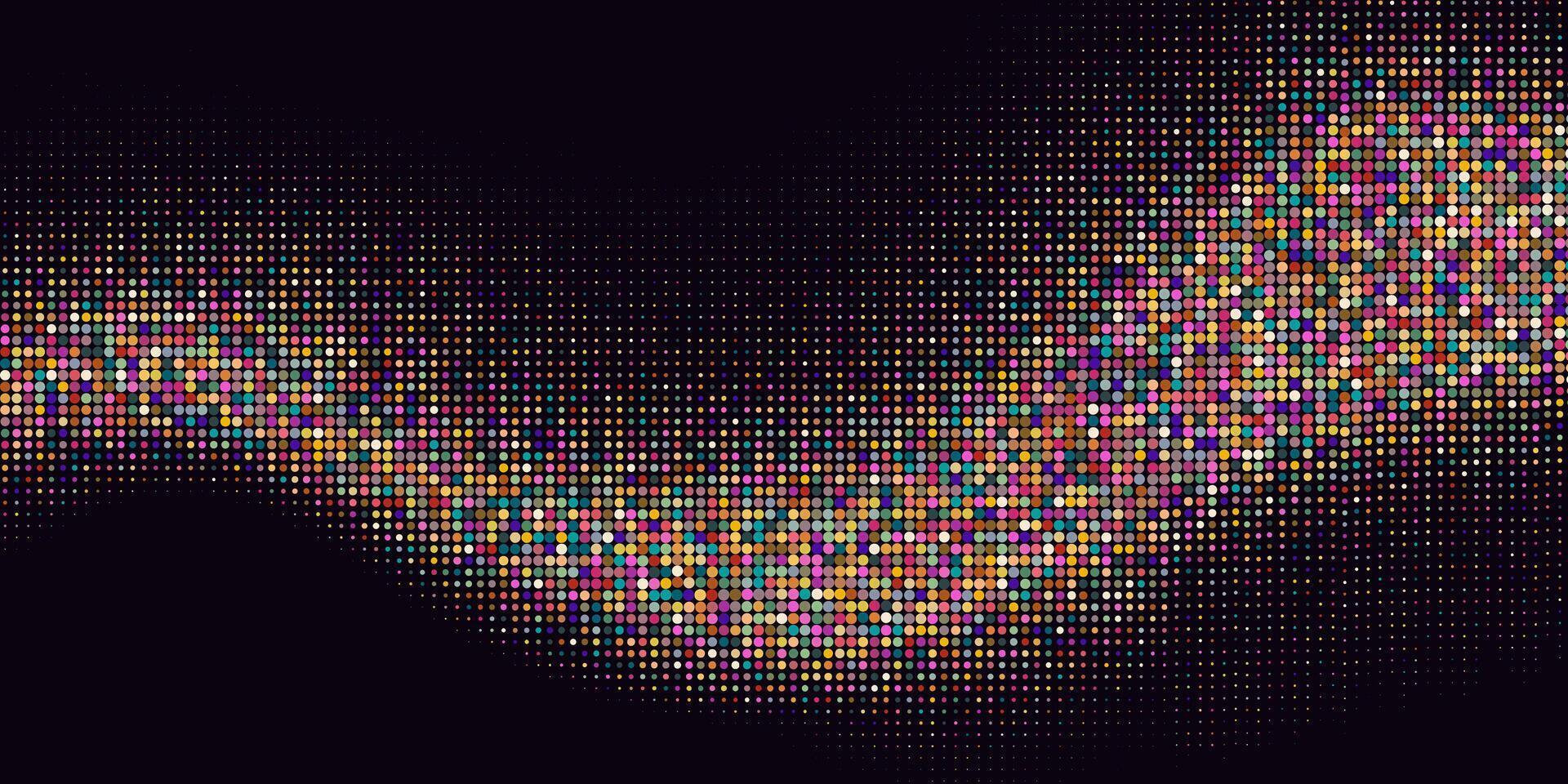 Abstract Halftone with Colorful Wave Isolated on Black Background. Pop art comic design with dots perfect as banner, wallpaper. vector