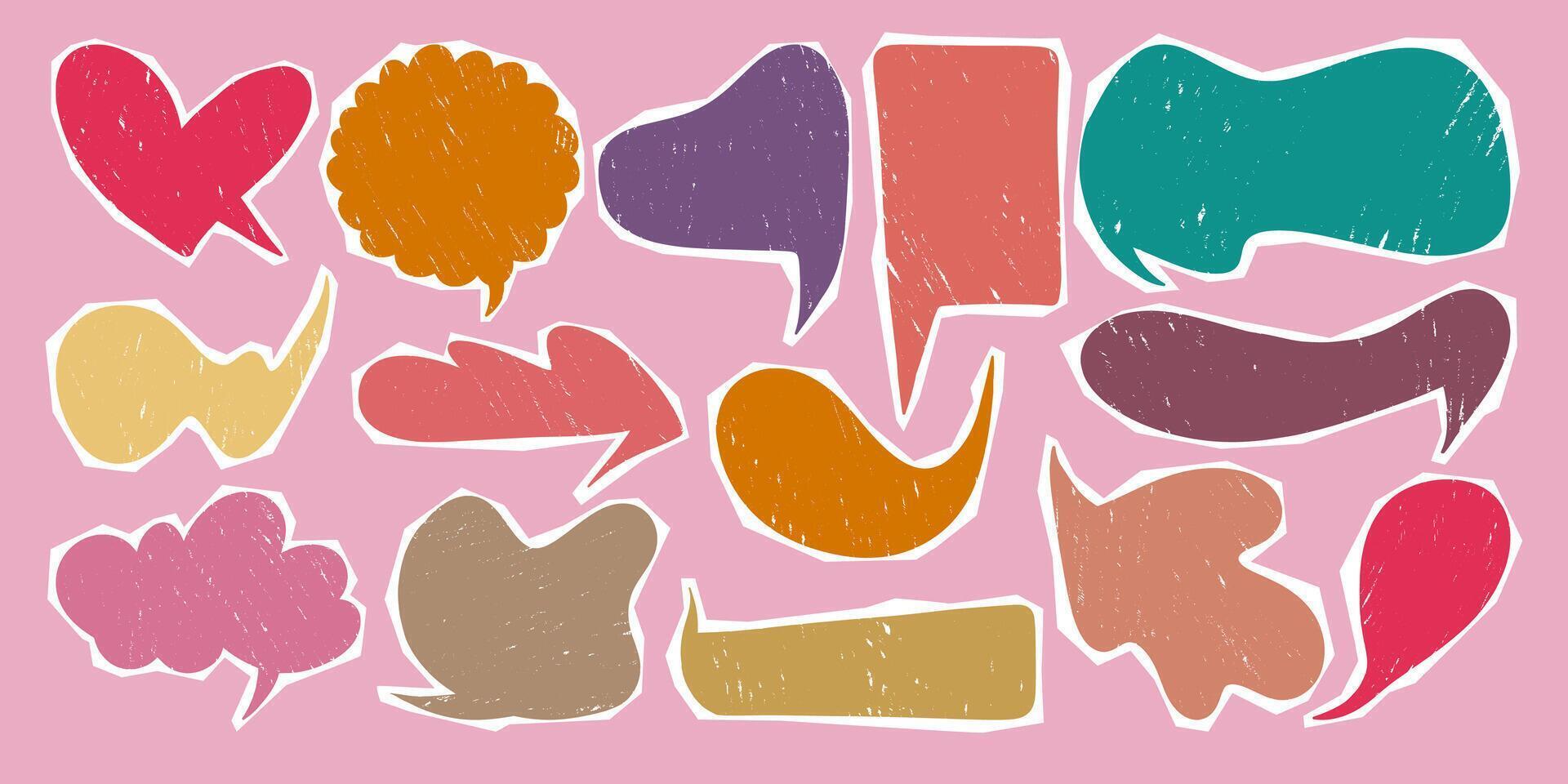 Chat Bubbles in Cartoon Comic Book Style with Grunge Texture. Speech chatting boxes drawn with pencil. Abstract and simple figures. Irregular dynamic shapes. Modern asymmetric sketch spots vector