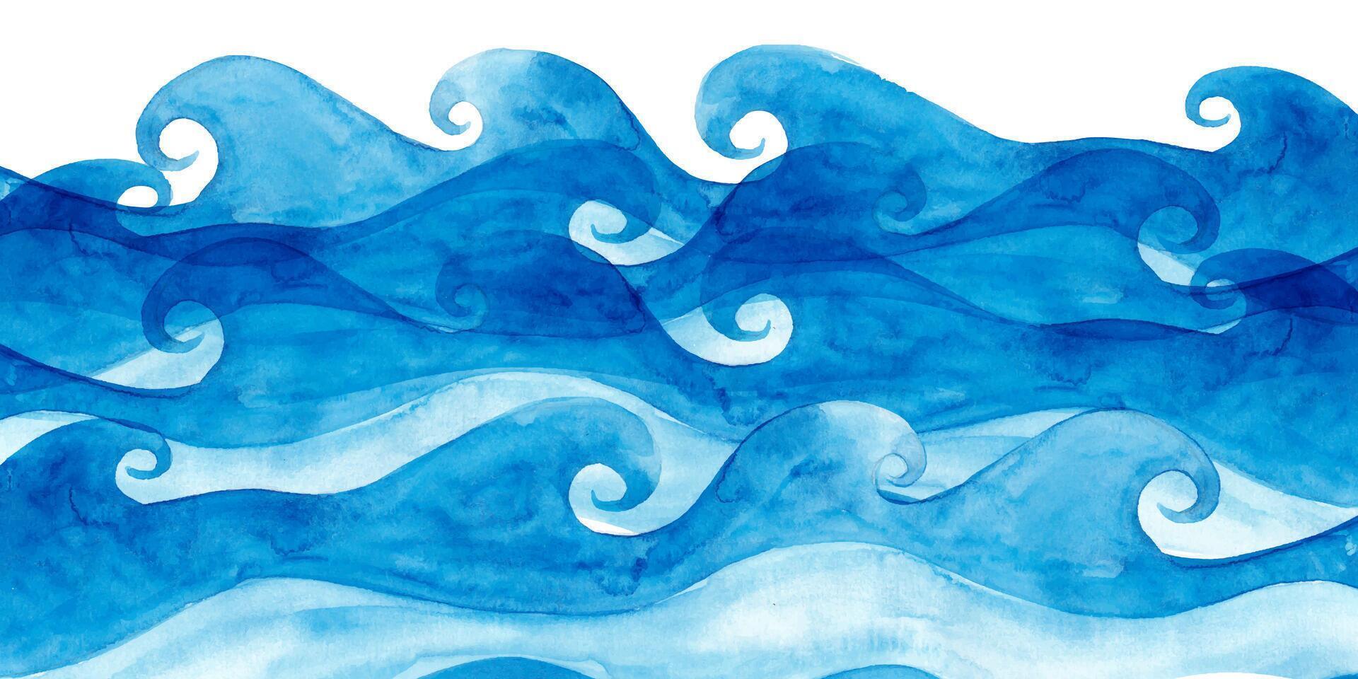 Blue River in Watercolor Style Hand Painted. Abstract horizontal banner with waves. Water isolated on white background. Sea frame. Ocean minimal view vector