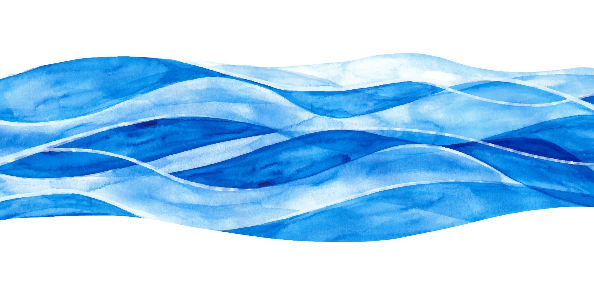 Beautiful River in Watercolor Style Hand Painted. Abstract horizontal banner with waves. Blue water isolated on white background. Sea frame. Ocean minimal view vector