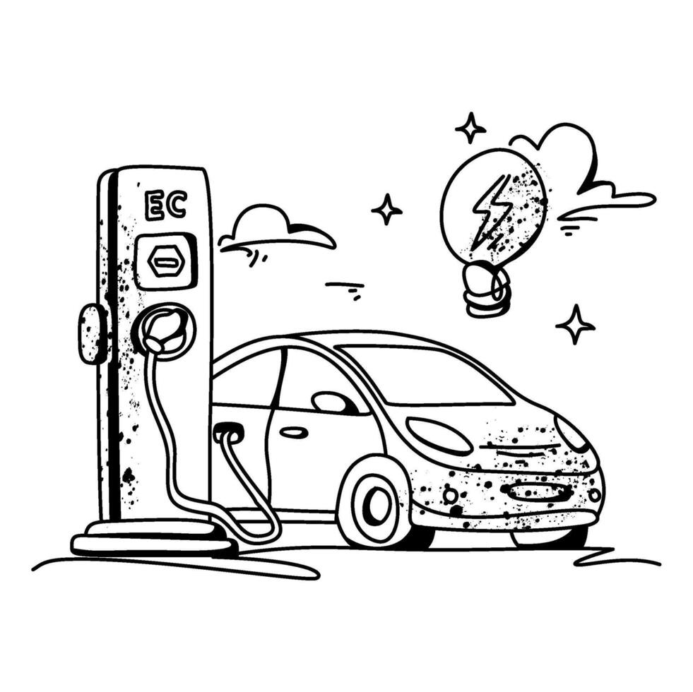 Flat illustration of an electric vehicle plugged into a charging point, symbolizing clean, renewable energy and the future of eco friendly transportation vector