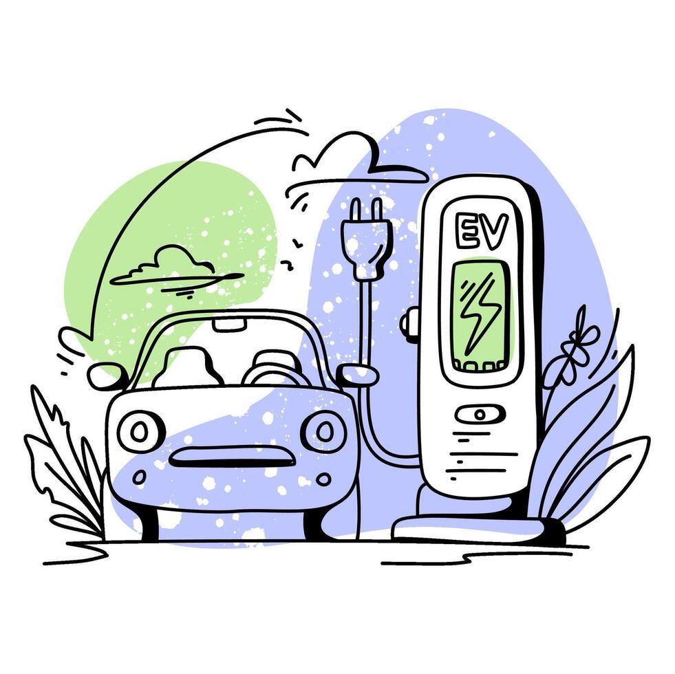 Flat showcasing electric vehicle infrastructure with wind turbines, designed to promote green energy and sustainable living vector