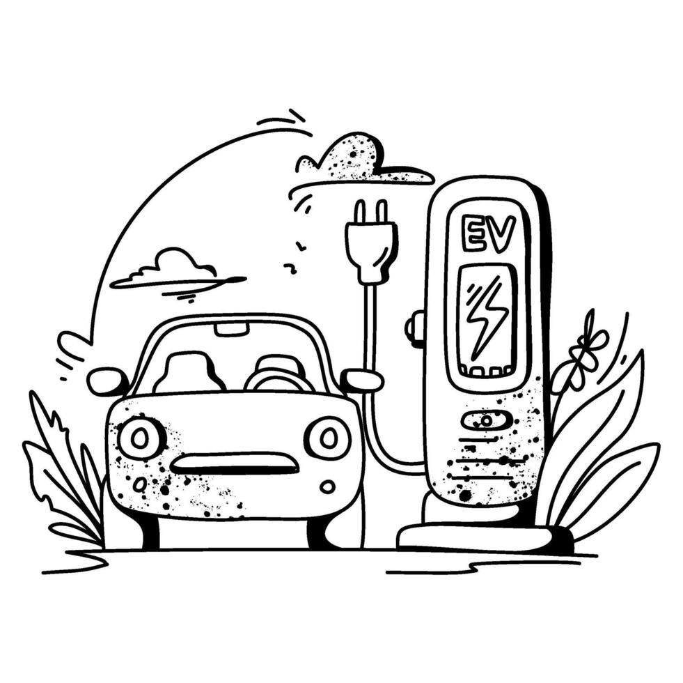 Outline Black White Flat Illustration of an Electric Vehicle Charging Station with Wind Energy, Symbolizing Green Technology, Sustainable Transportation, and Renewable Energy Sources vector