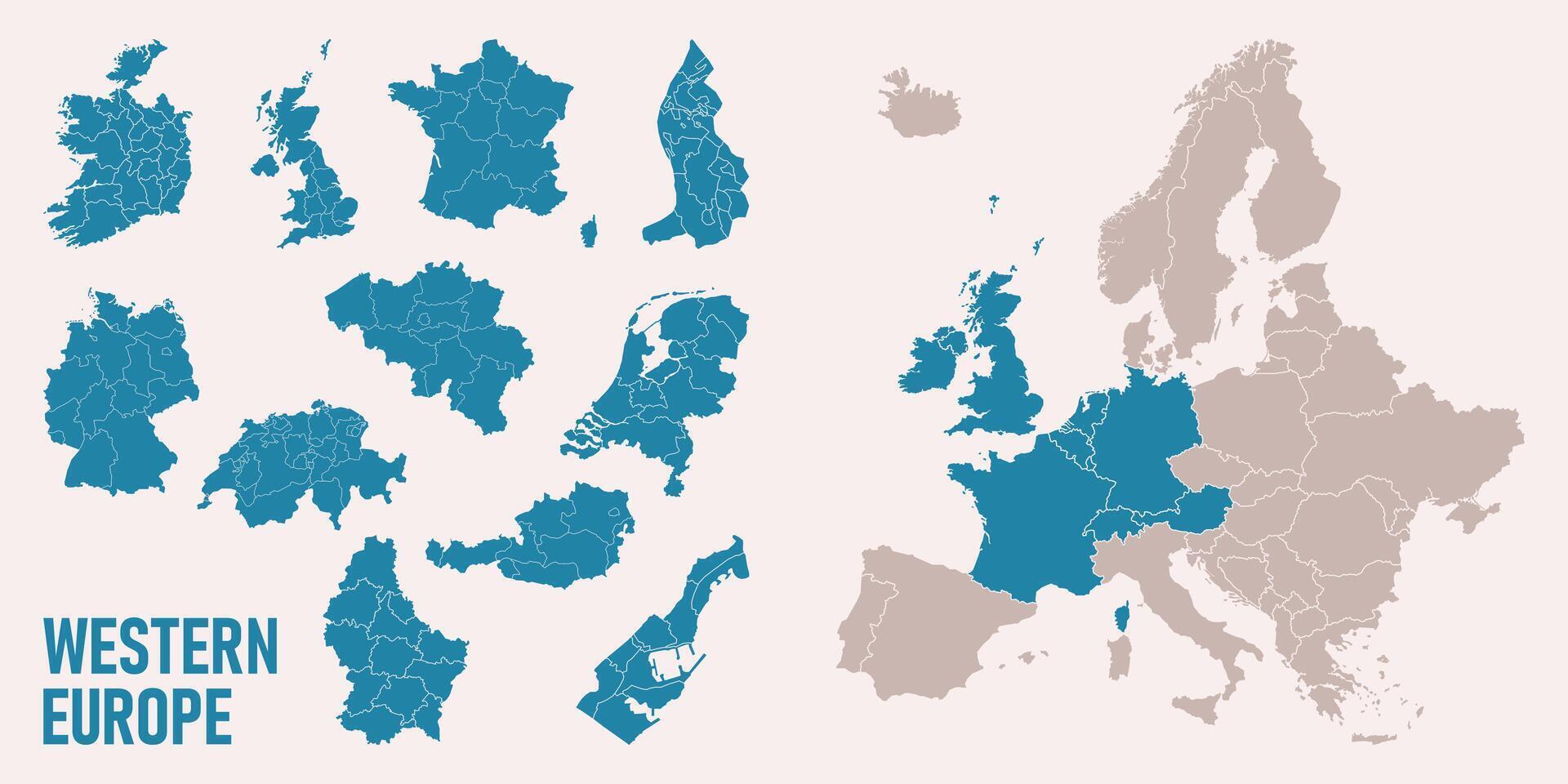 Western Europe map. Germany, Netherland, Belgium, Luxemburg, Austria, Switzerland, France, Monaco, Lieehtenstein, Ireland, Great Britain maps with regions. Europe map isolated on white background. vector