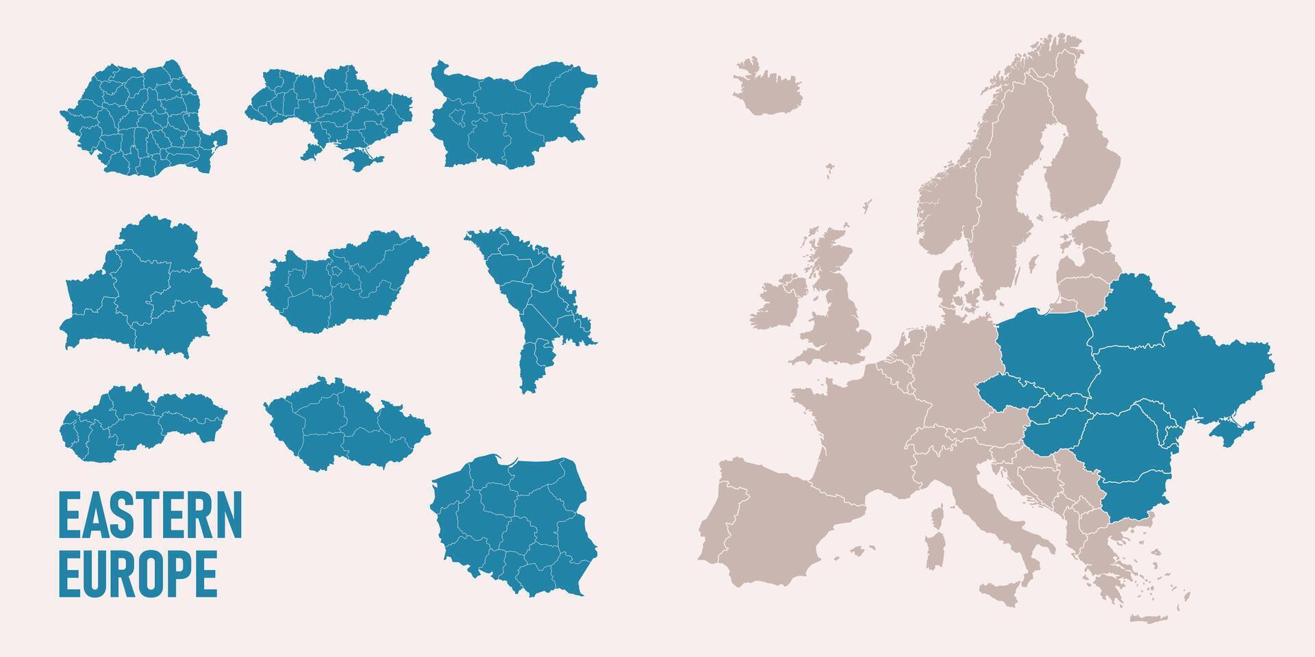 Eastern Europe map. Ukraine, Belarus, Moldova, Romania, Bulgaria, Hungary, Slovakia, Czechia, Poland maps with regions. Europe map isolated on white background. High detailed illustration vector