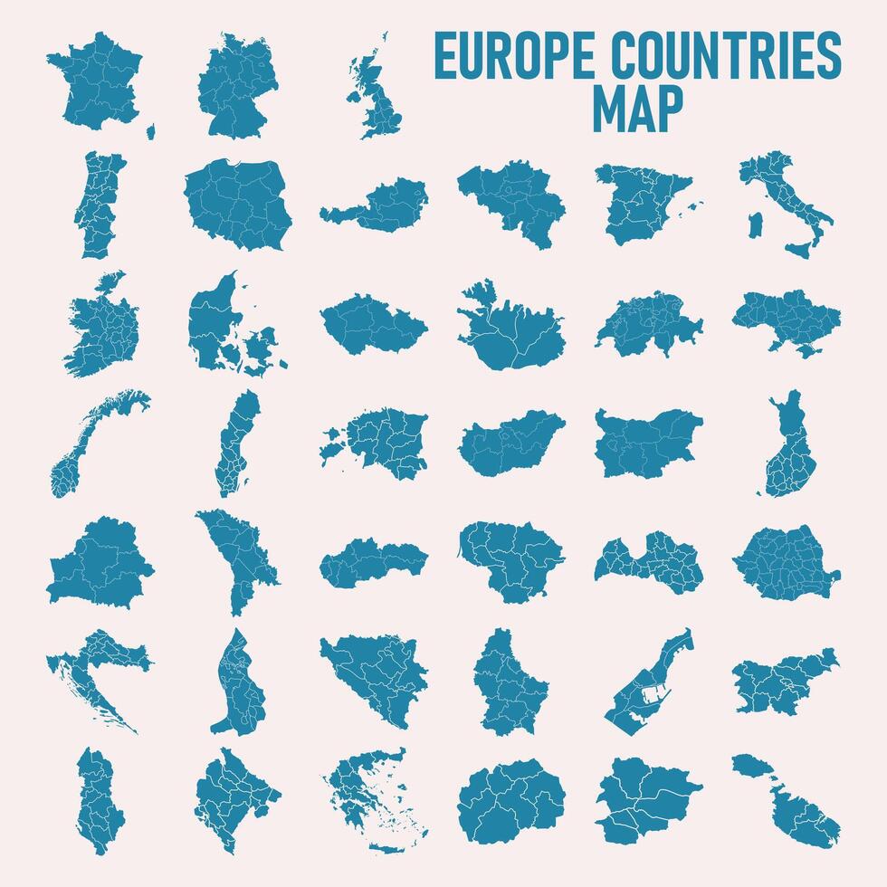 Europe countries maps regions, isolated on white background. Germany, Netherland, Belgium, Luxemburg, Austria, Switzerland, France, Monaco, Lieehtenstein, Spain, France, Italy. vector