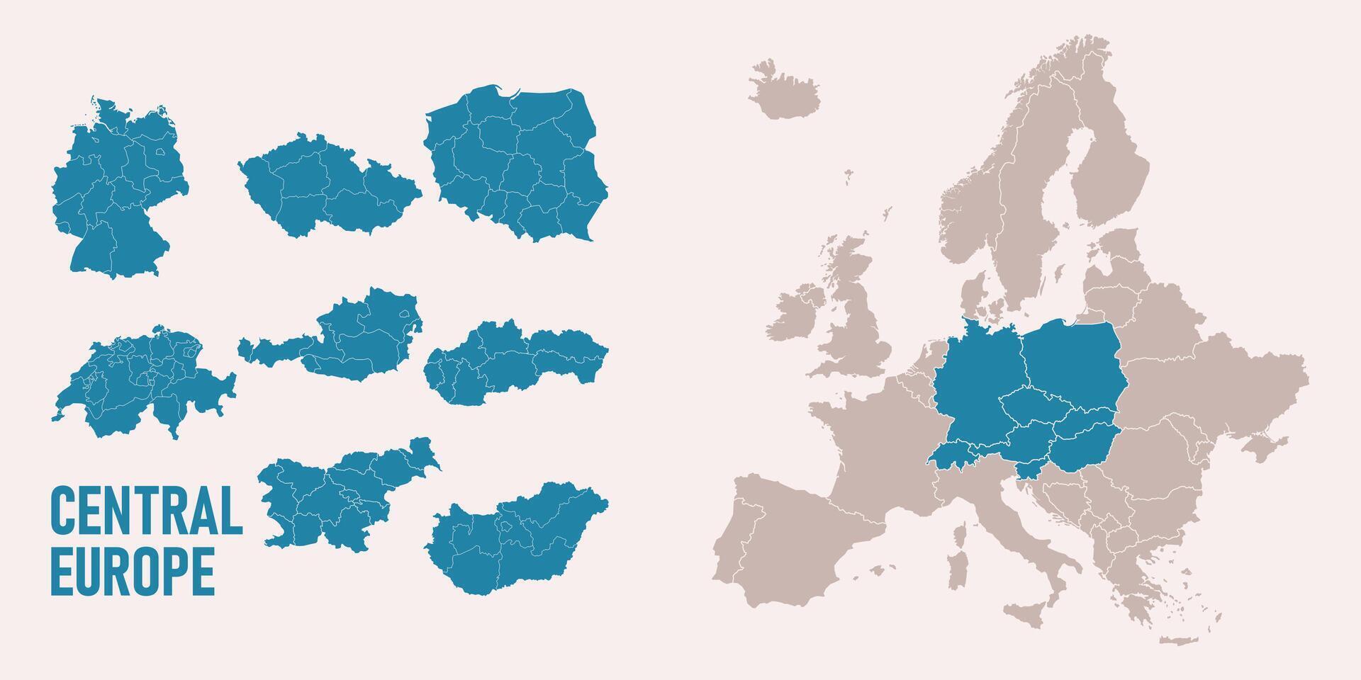 Central Europe map. Switzerland, Germany, Poland, Hungary, Austria maps with regions. Europe map isolated on white background. High detailed illustration vector