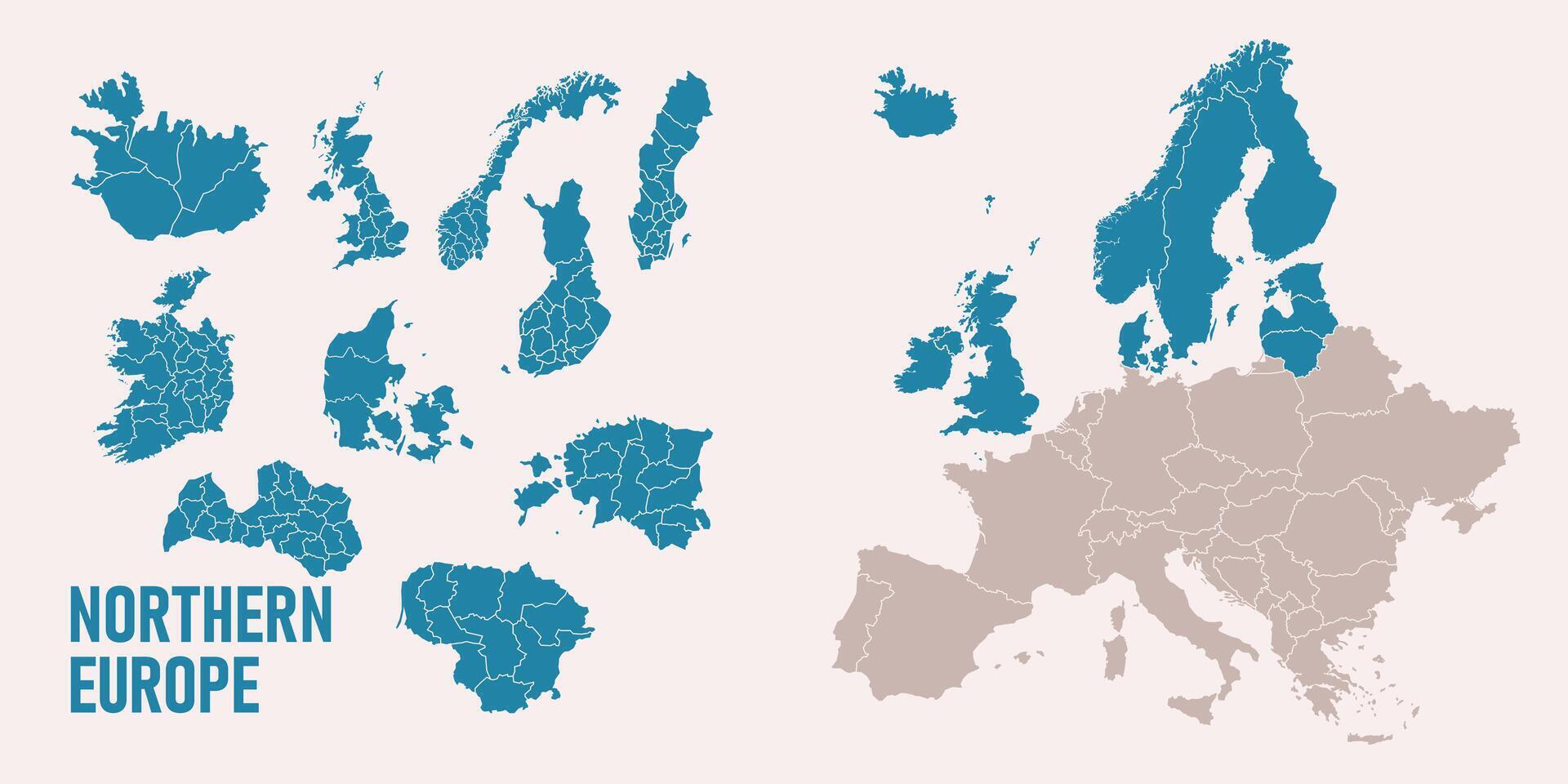 Northern Europe map. Iceland, Ireland, United Kingdom, Denmark, Norway, Sweden, Finland, Estonia, Latvia, Lihtuania maps with regions. Europe map isolated on white background. High detailed vector