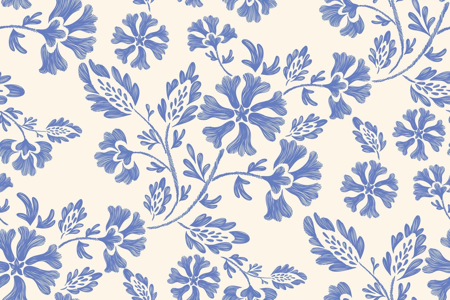 Blue Vintage Floral Pattern hand drawn. vector
