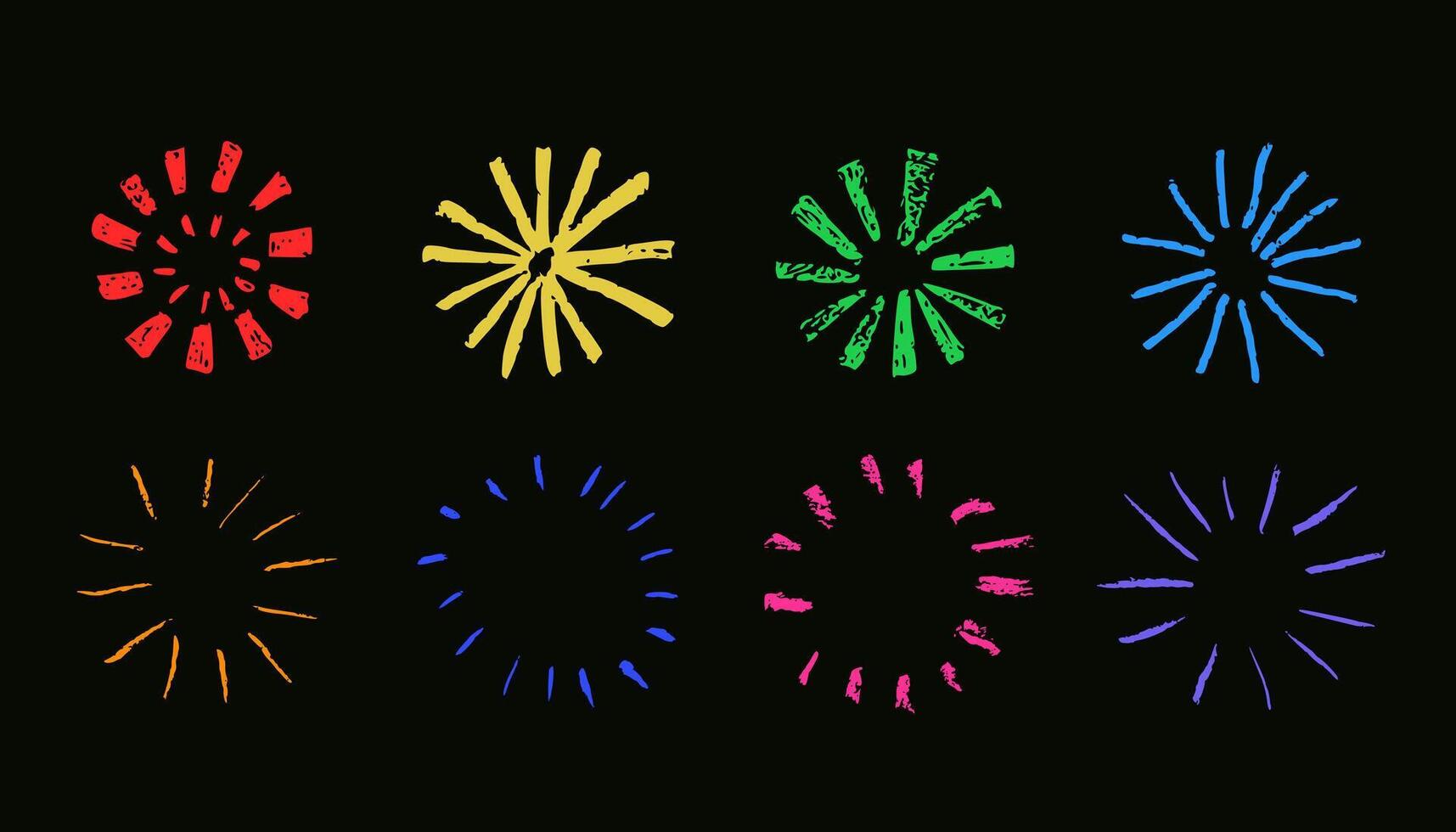 Firework chalk drawing, brush strokes texture, cute illustration isolated on dark background. vector
