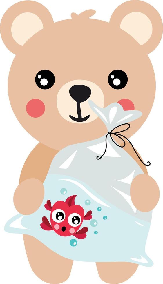 Funny teddy bear holding a plastic bag with red fish vector