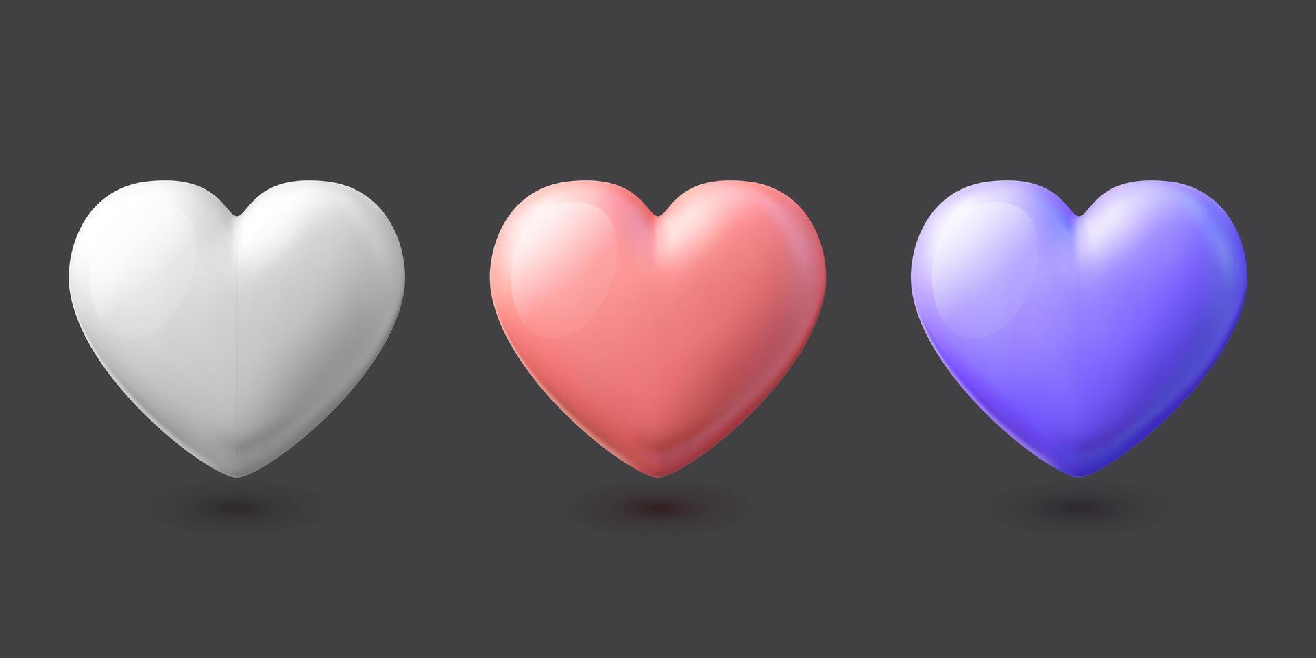 Set of 3d plastic realistic matte heart shapes. White, pink, purple design elements, Valentine's day decoration, love symbols, isolated icons. Mesh gradient. vector
