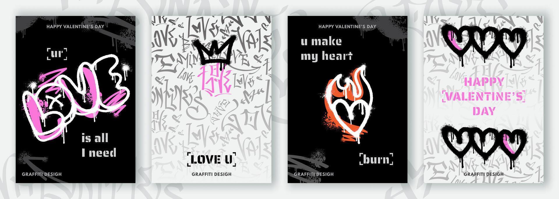 Set of Valentines day greeting cards in graffiti style. Grunge banners, posters, covers with spray paint hearts, love symbol. Stylish modern valentine postcards, templates for print, social media, web vector