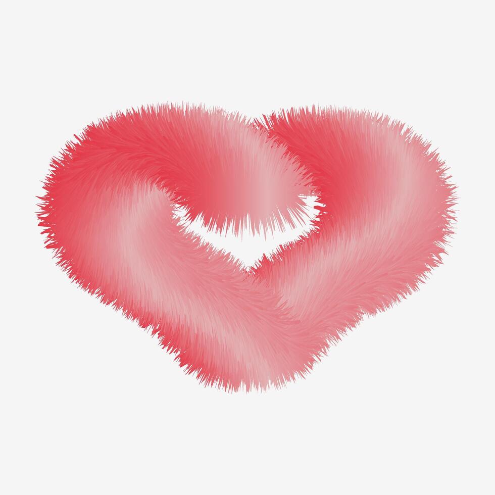 Red fur heart isolated on white background. Fluffy texture vector