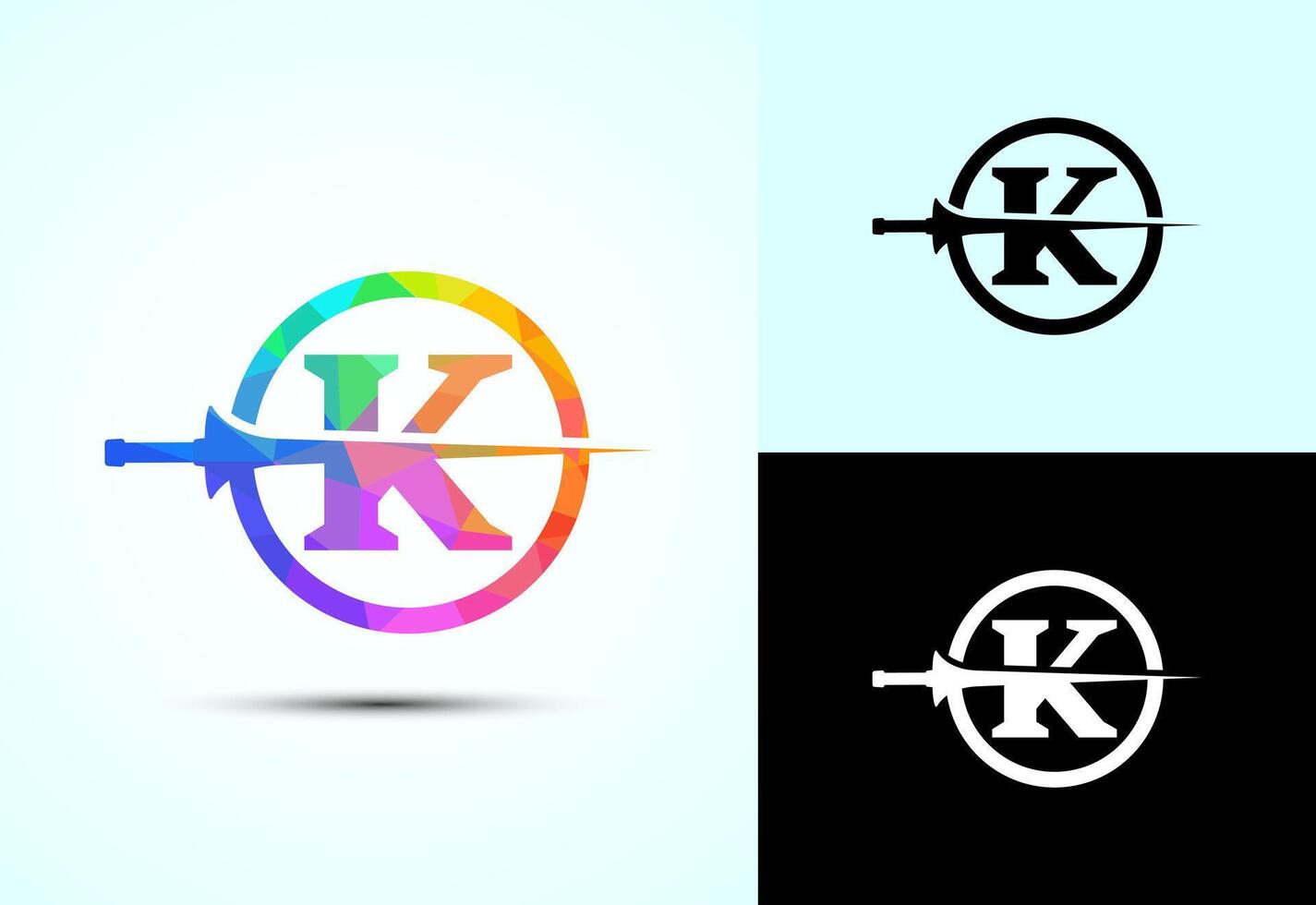 English alphabet K with spear lance. Creative spear logo design template vector