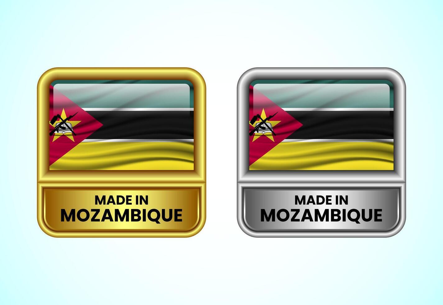 Made in Mozambique label icon in gold and silver color. Flag icon set for business vector