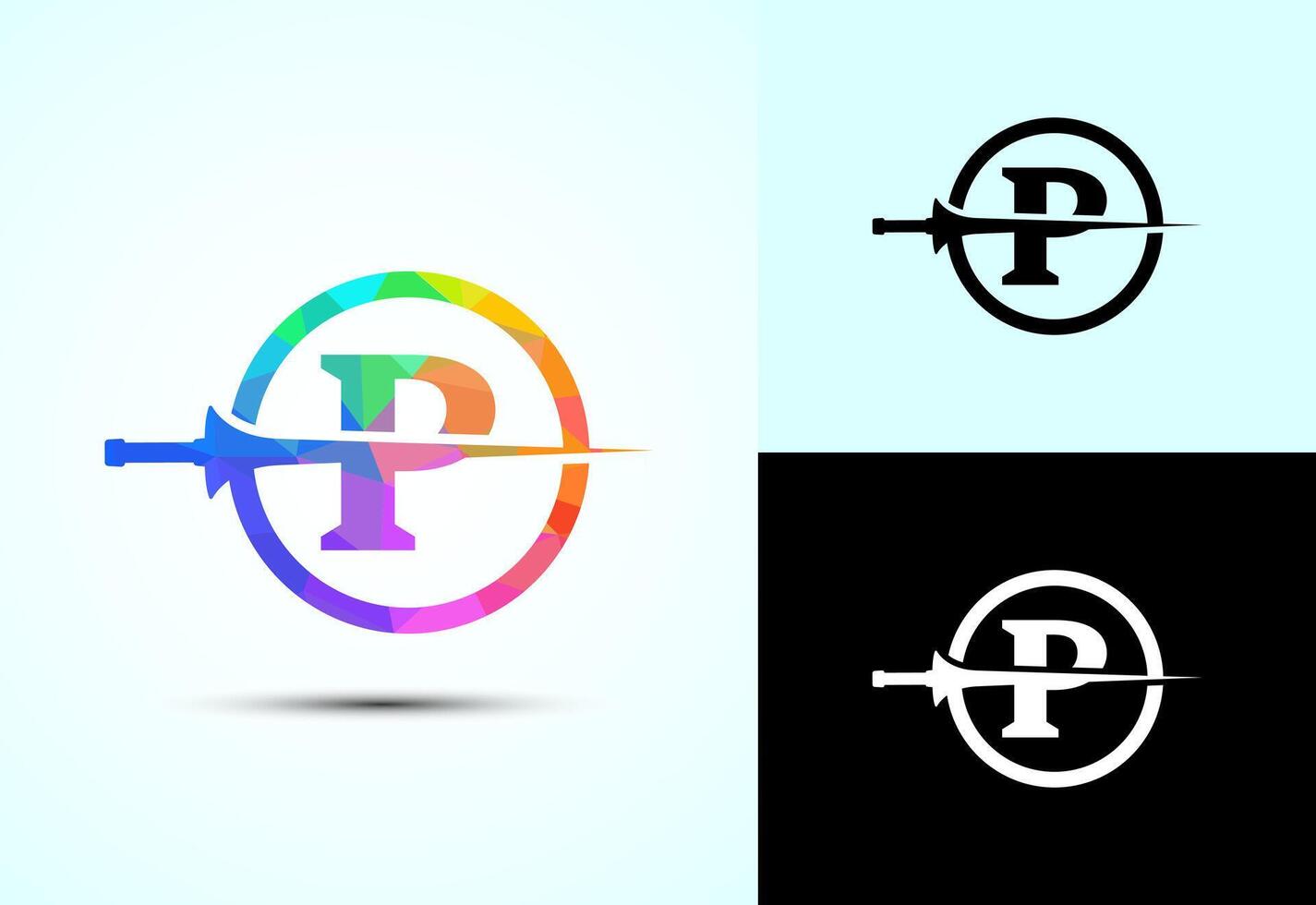 English alphabet P with spear lance. Creative spear logo design template vector