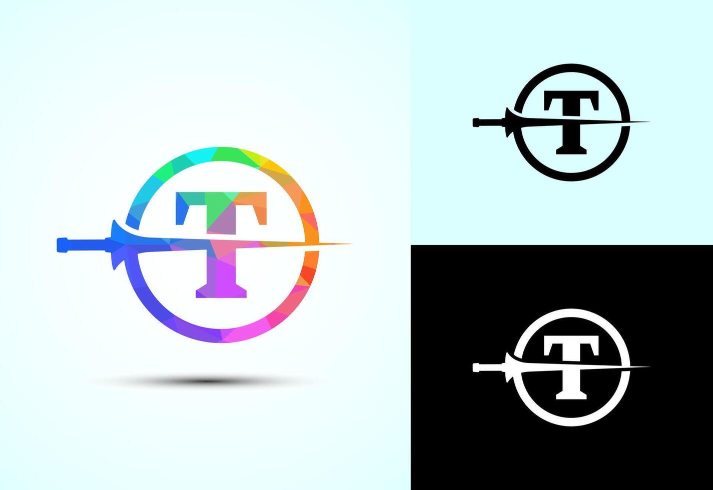 English alphabet T with spear lance. Creative spear logo design template vector