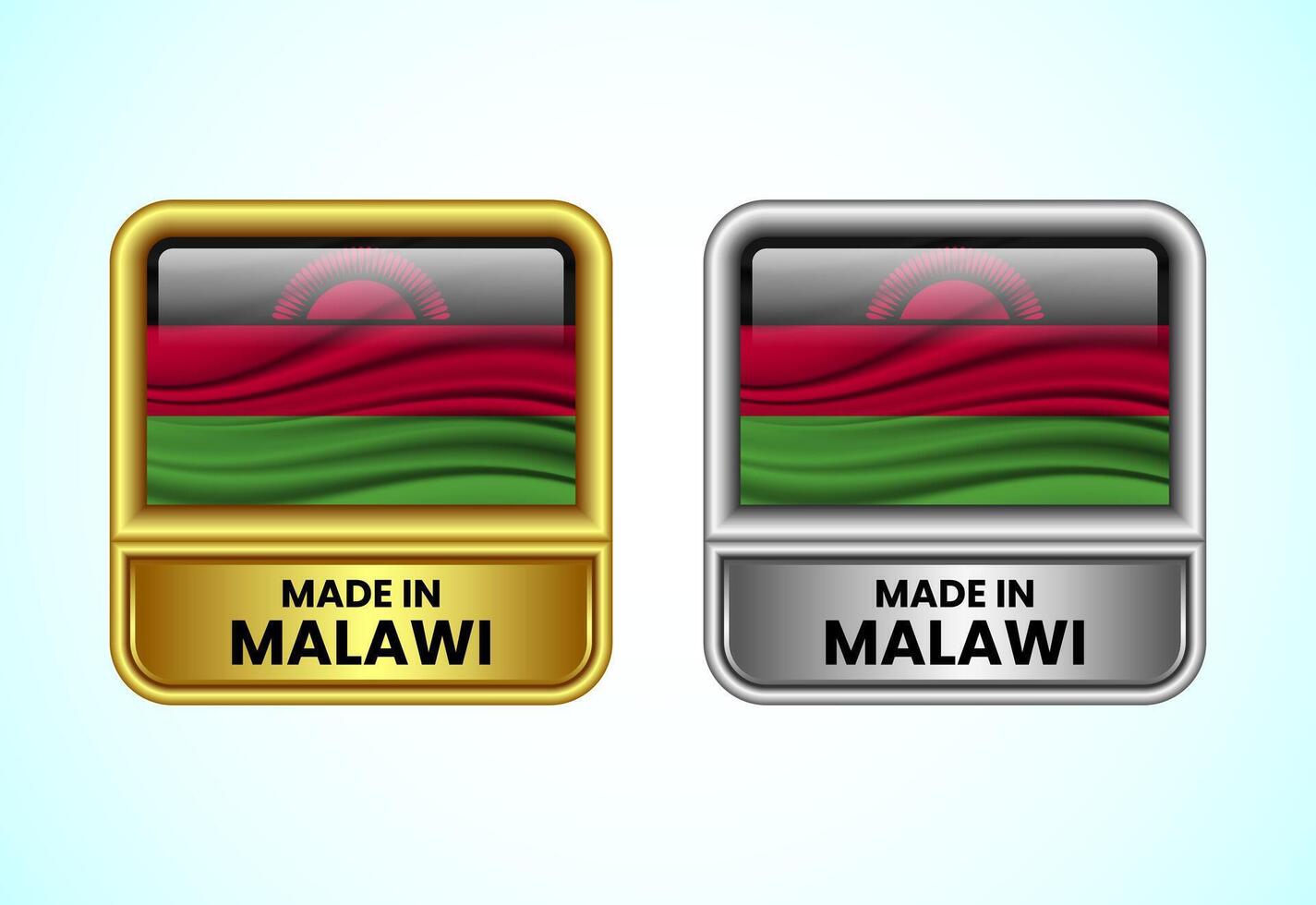 Made in Malawi label icon in gold and silver color. Flag icon set for business vector