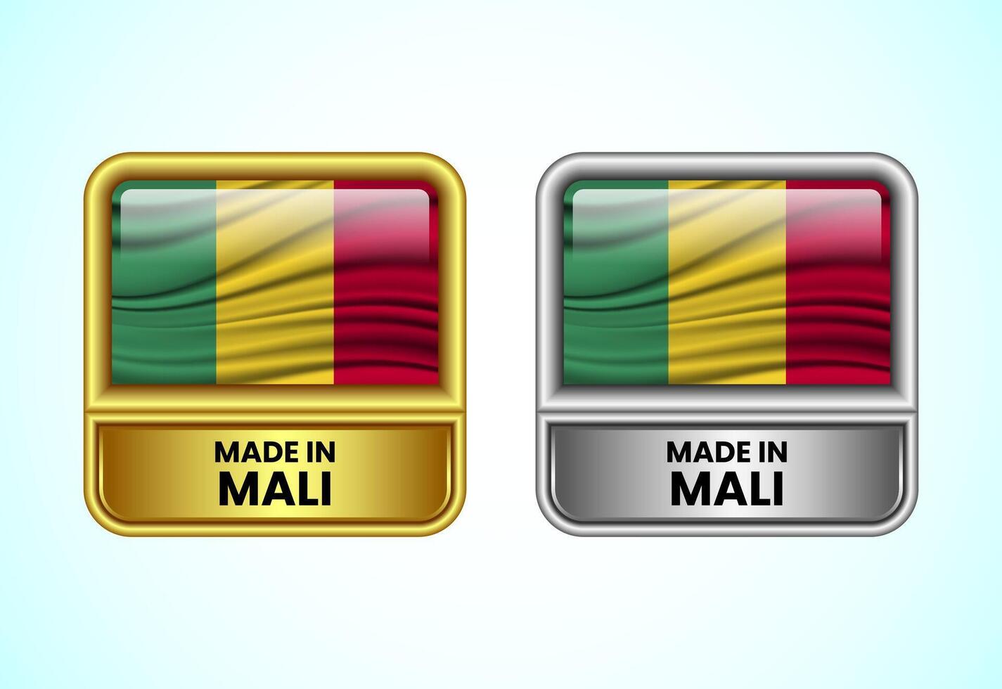 Made in Mali label icon in gold and silver color. Flag icon set for business vector
