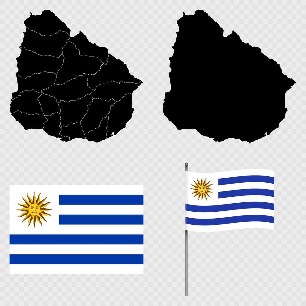 Set of maps, flag and flagpole of Uruguay. illustration. vector