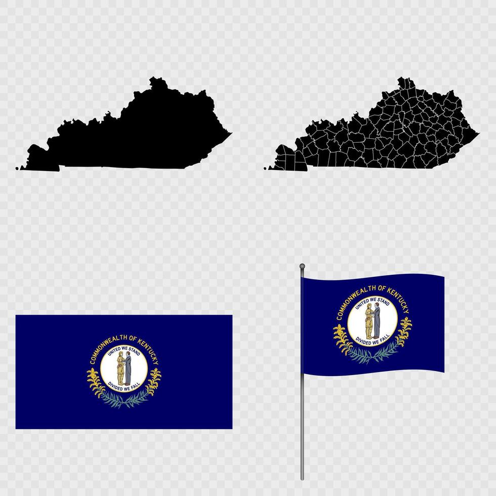 Set of map and map with province, flag and flagpole of Kentucky state. illustration. vector