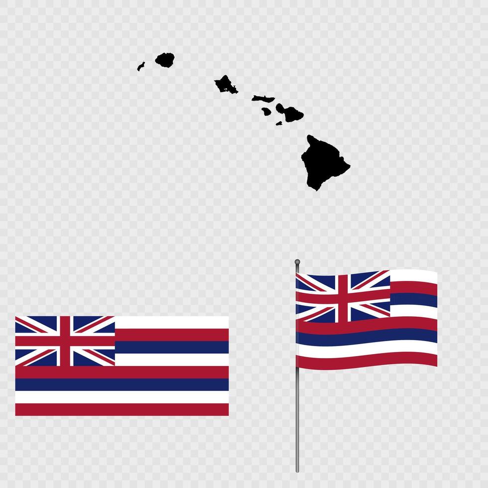 Set of map and map with province, flag and flagpole of Hawaii state. illustration. vector