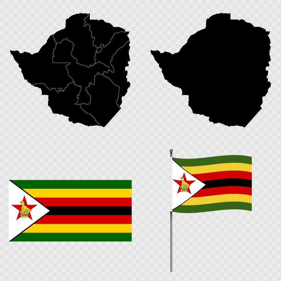 Set of maps, flag and flagpole of Zimbabwe. illustration. vector