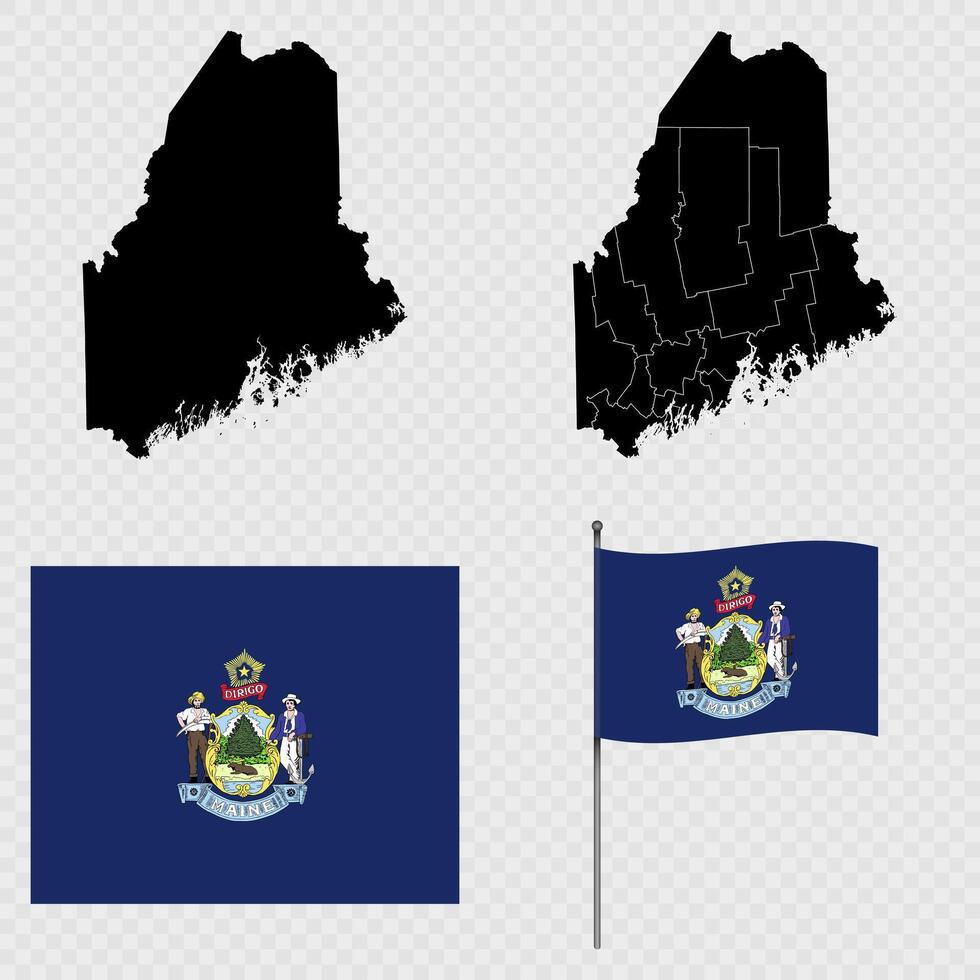 Set of map and map with province, flag and flagpole of Maine state. illustration. vector