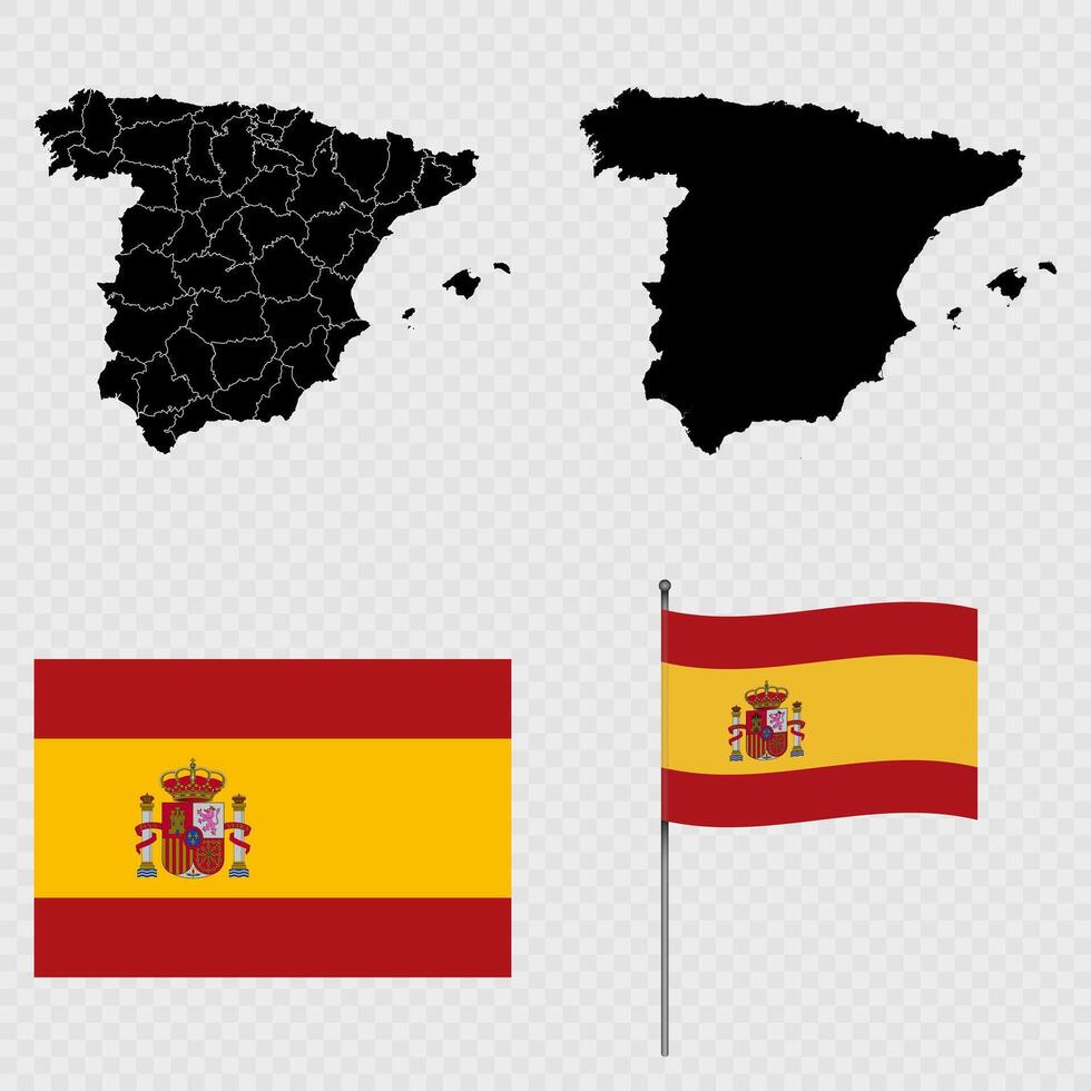 Set of map with administrative division, flag and flagpole of Spain. vector