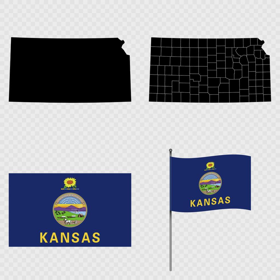 Set of map and map with province, flag and flagpole of Kansas state. illustration. vector