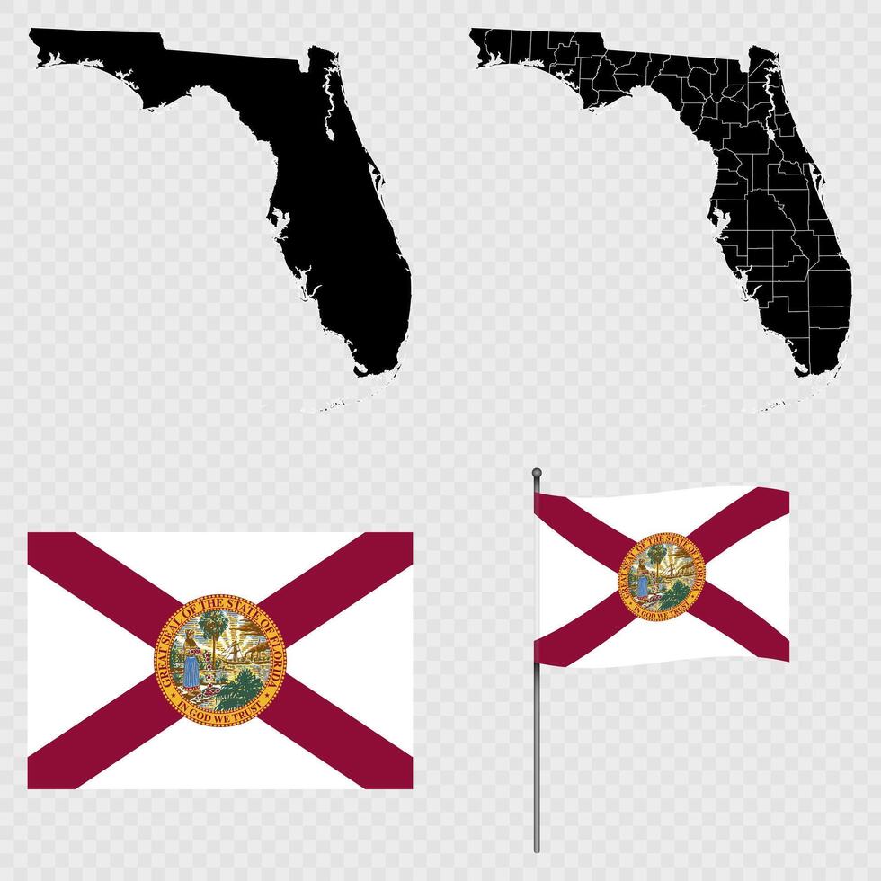 Set of map and map with province, flag and flagpole of Florida state. illustration. vector