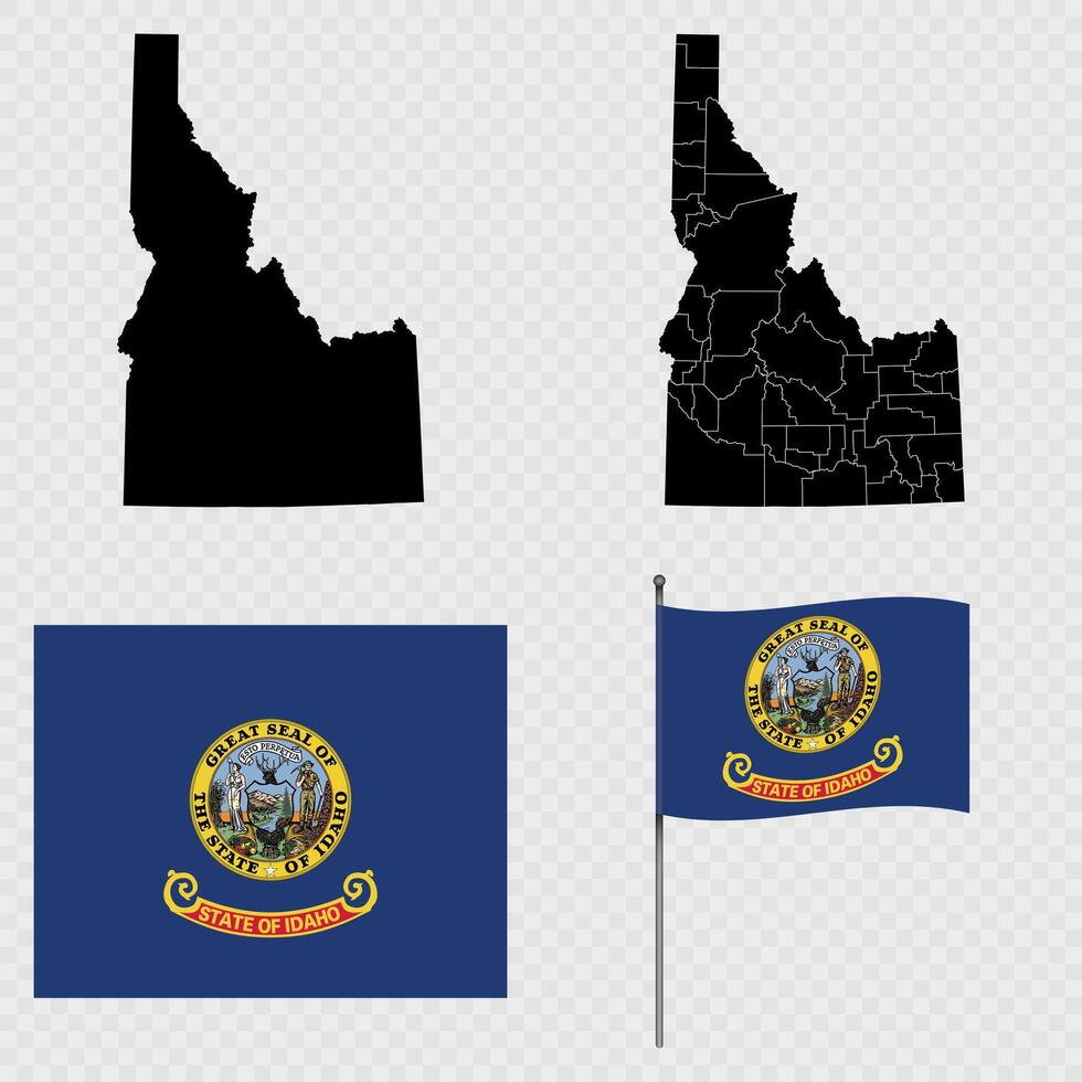 Set of map and map with province, flag and flagpole of Idaho state. illustration. vector