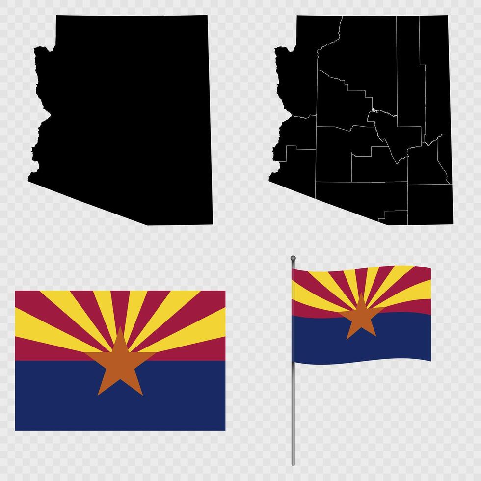 Set of map and map with province, flag and flagpole of Arizona state. illustration. vector