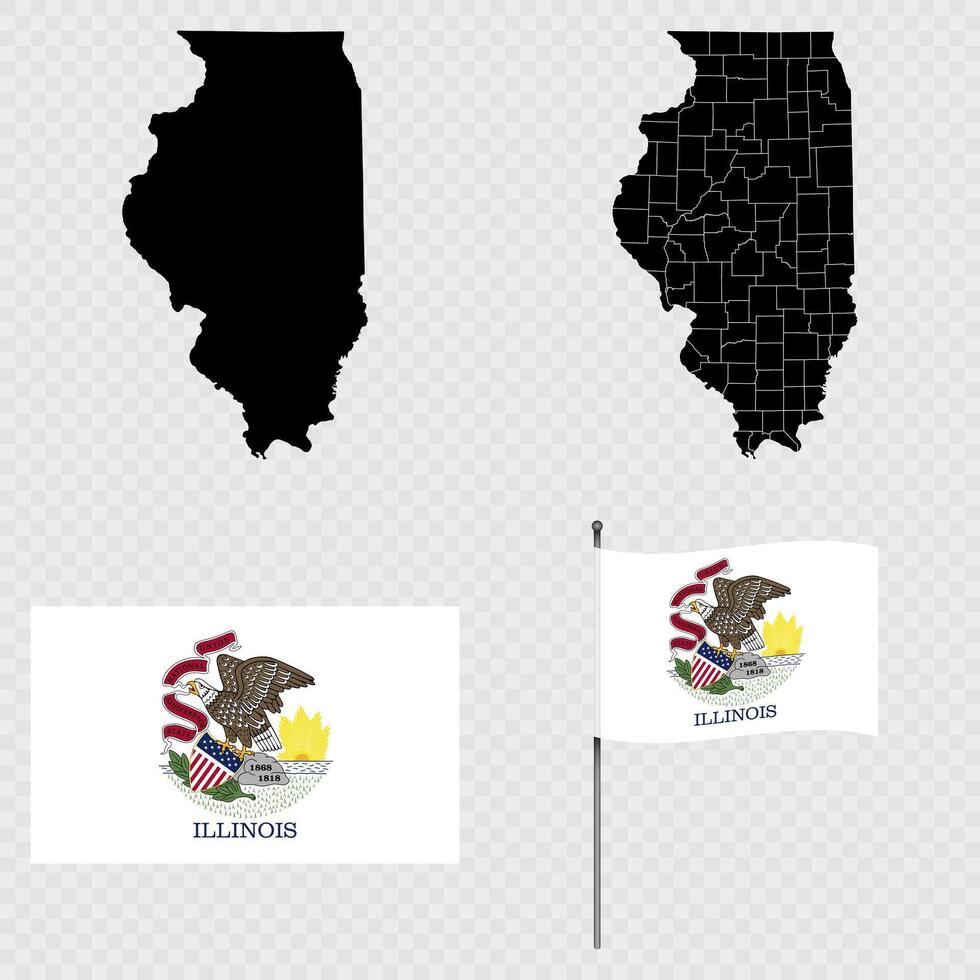 Set of map and map with province, flag and flagpole of Illinois state. illustration. vector