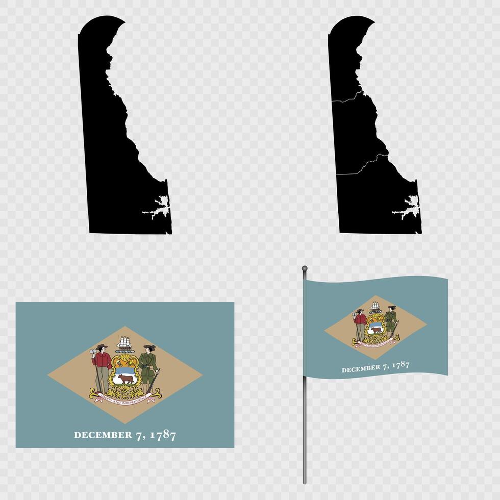 Set of map and map with province, flag and flagpole of Delaware state. illustration. vector