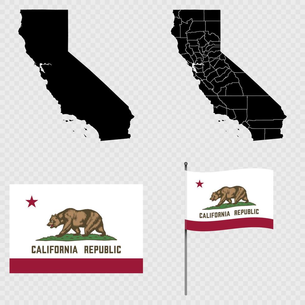 Set of map and map with province, flag and flagpole of California state. illustration. vector