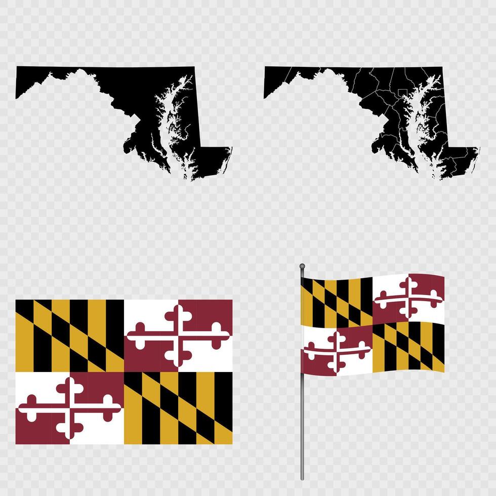 Set of map and map with province, flag and flagpole of Maryland state. illustration. vector