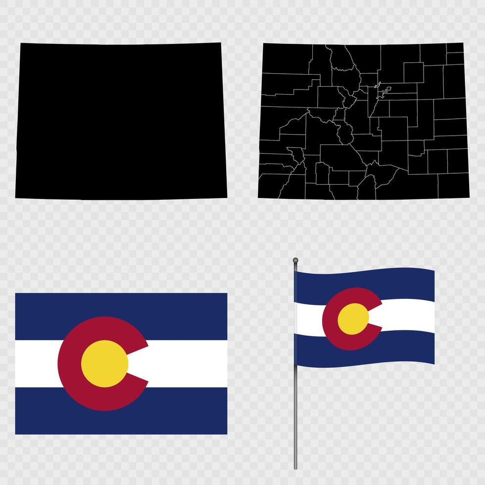 Set of map and map with province, flag and flagpole of Colorado state. illustration. vector