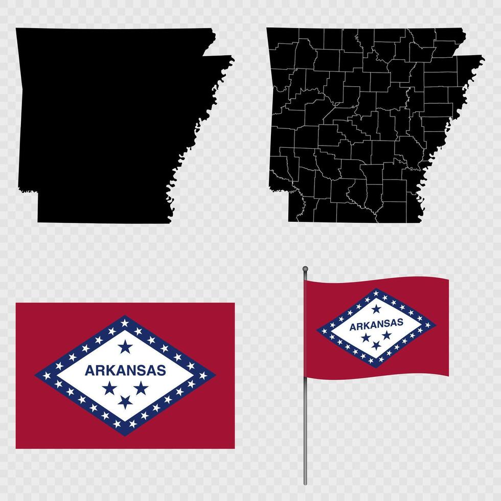 Set of map and map with province, flag and flagpole of Arkansas state. illustration. vector