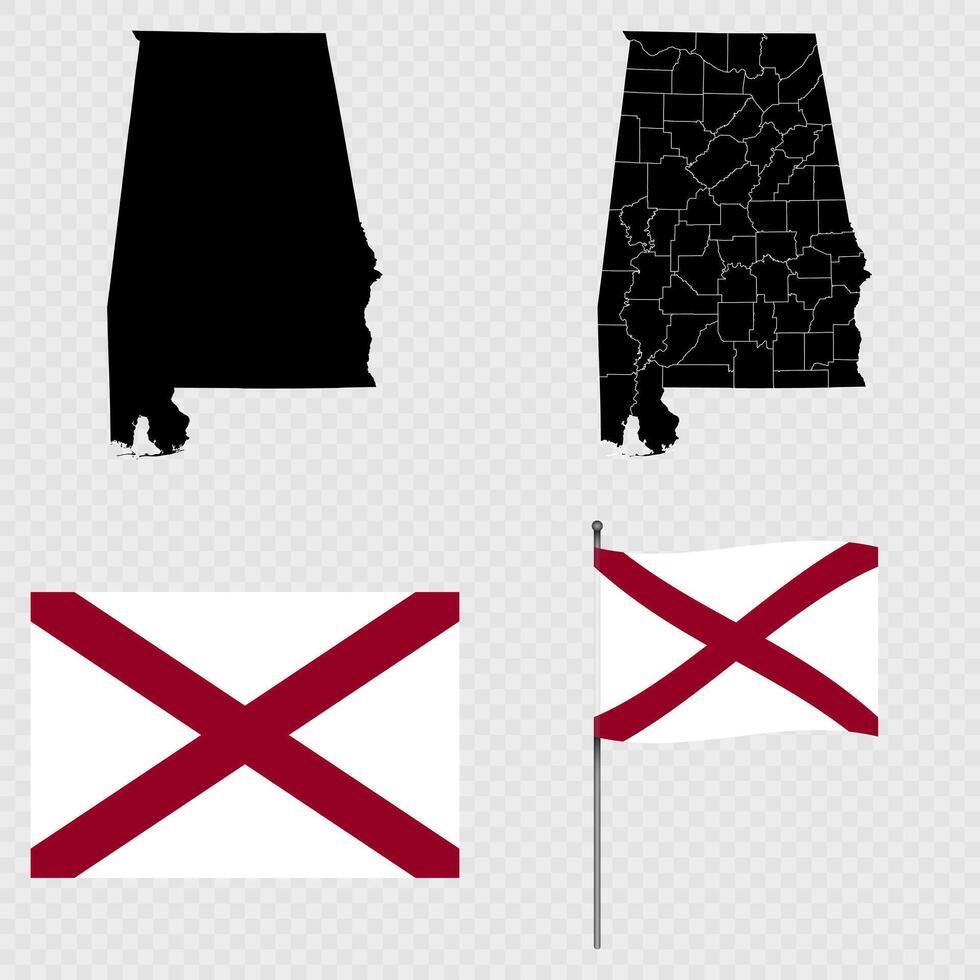 Set of map and map with province, flag and flagpole of Alabama state. illustration. vector