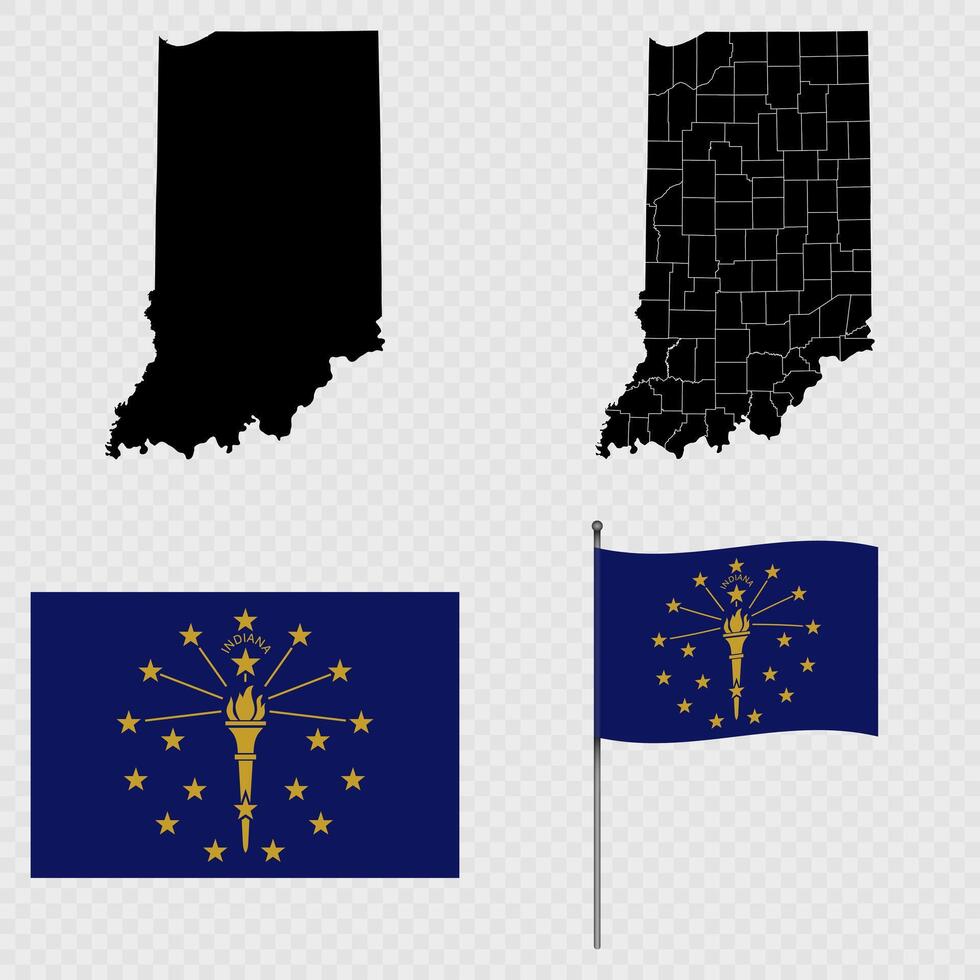 Set of map and map with province, flag and flagpole of Indiana state. illustration. vector
