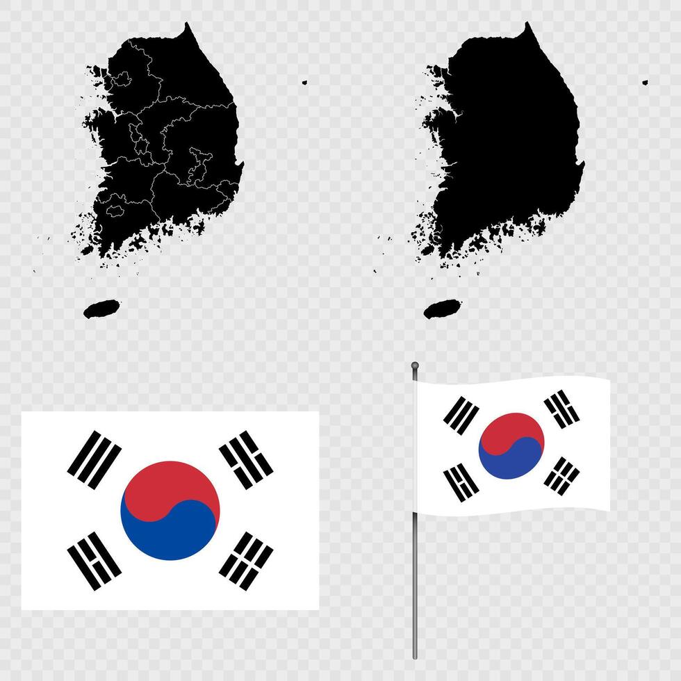 Set of map with administrative division, flag and flagpole of South Korea. illustration. vector