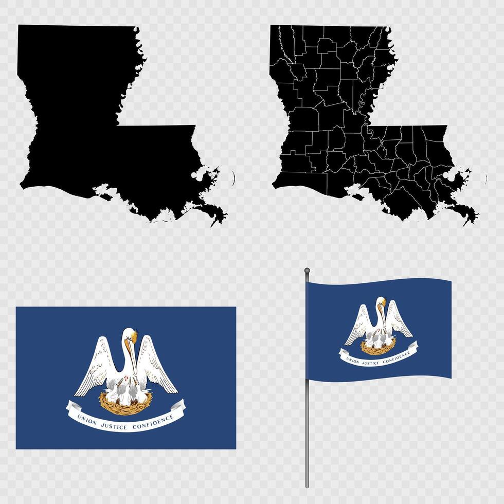 Set of map and map with province, flag and flagpole of Louisiana state. illustration. vector