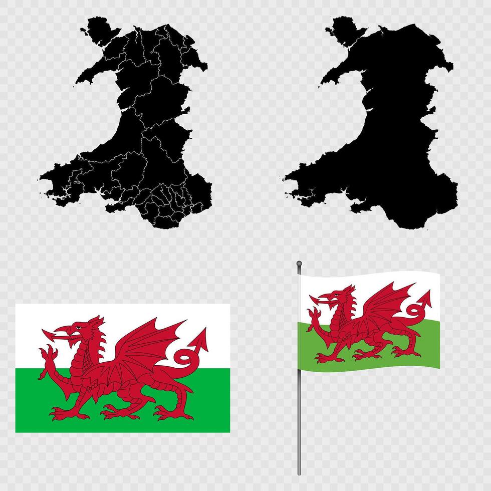 Set of maps, flag and flagpole of Wales. illustration. vector