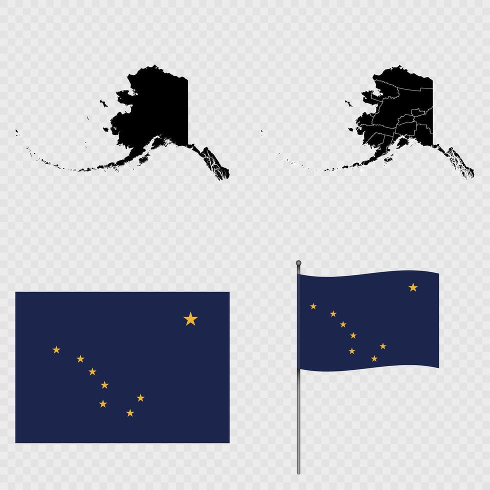 Set of map and map with province, flag and flagpole of Alaska state. illustration. vector